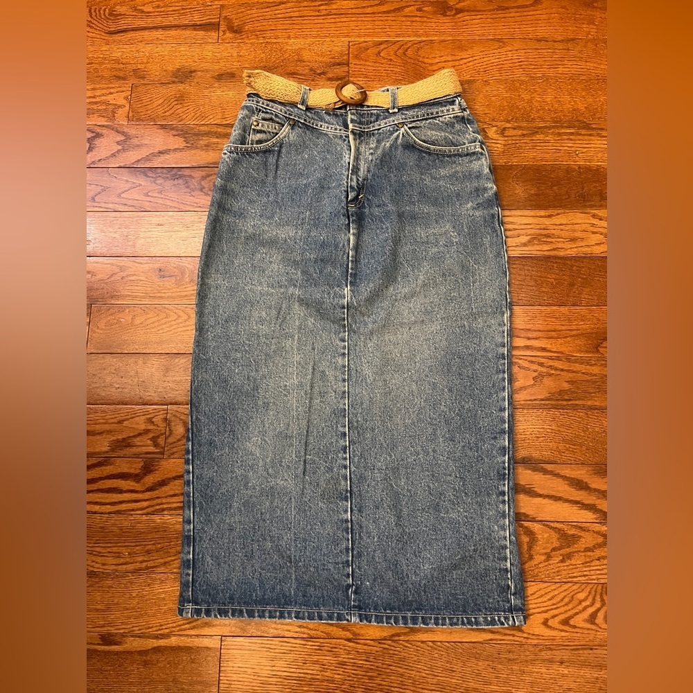 Vintage Levi’s Orange Tab Denim Midi Skirt With Belt Sz 12 Made in USA 🇺🇸